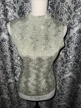 Vintage Plisse Green Sleeveless Textured Mock Neck Top